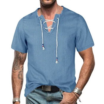 2023 Новая Европейская и американская мужская джинсовая рубашка с V-образным вырезом, на шнуровке, с кисточками, Джинсовая футболка Henry, топ