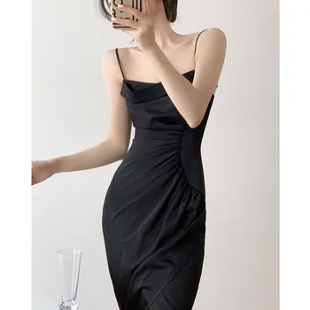 Атласное черное платье-комбинация с летней талией, сексуальное дизайнерское платье-ниша, высококачественная юбка с разрезом в виде рыбьего хвоста