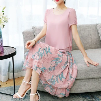 Женский комплект из двух предметов, Корейская мода, двухслойная блузка с коротким рукавом, летние юбки с милым цветочным принтом и рюшами, элегантные наряды