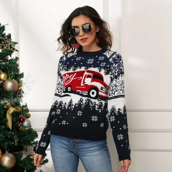 Женский Рождественский пуловер, свитер, вязаный топ с длинным рукавом в виде снежинки, свободный жаккардовый вязаный женский рождественский свитер с принтом красного автомобиля