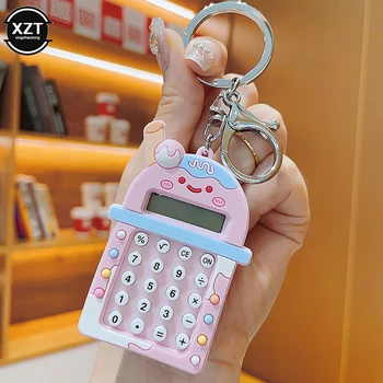 Мини-портативный калькулятор на цепочке для ключей, ультратонкая кнопочная батарейка в стиле милого печенья, креативный калькулятор ярких цветов, школьные принадлежности