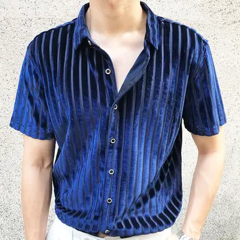 Мужская Сексуальная бархатная рубашка, Мужская одежда с коротким рукавом, Высококачественная рубашка, Модная Прозрачная рубашка в синюю полоску, Прозрачная Социальная Клубная