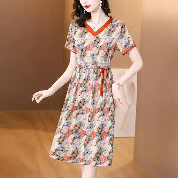 Новое летнее платье с V-образным вырезом и короткими рукавами с принтом, Элегантное платье трапециевидной формы с высокой талией, Корейское винтажное повседневное Женское платье