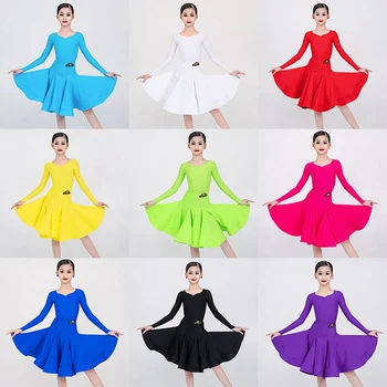 Платье для соревнований по латинским танцам с длинным рукавом, разноцветная тренировочная одежда для девочек, костюм для бальных выступлений, боди, юбка VDB7164